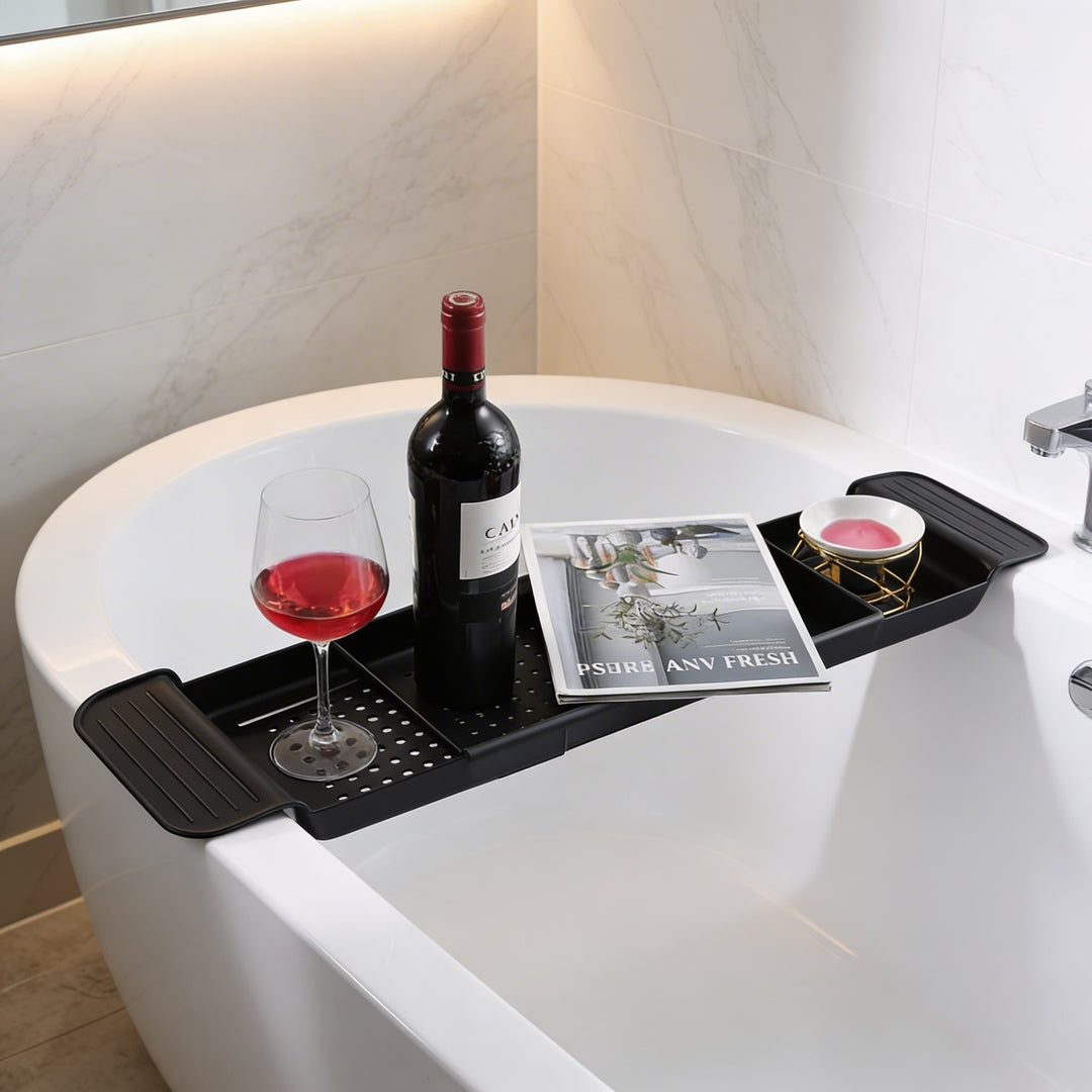Adjustable Modern Bathtub Caddy Tray with Non-Slip Grip Made of Durable Plastic for Books Wine and Tablets