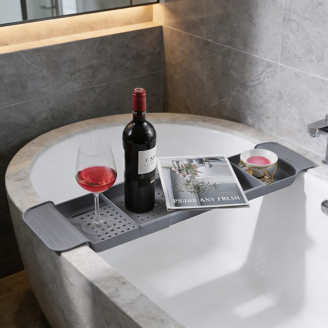 Adjustable Modern Bathtub Caddy Tray with Non-Slip Grip Made of Durable Plastic for Books Wine and Tablets