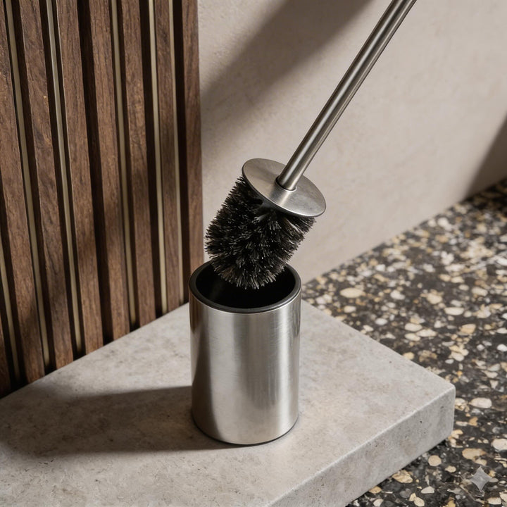 Modern Standing Toilet Brush Set with Stainless Steel Holder for Compact Storage and Efficient Cleaning