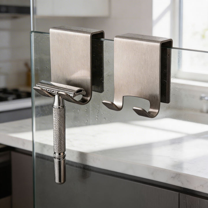 Sleek Stainless Steel Shower Door Hooks for Frameless Glass Doors with Moisture Resistance and Space-Saving Design