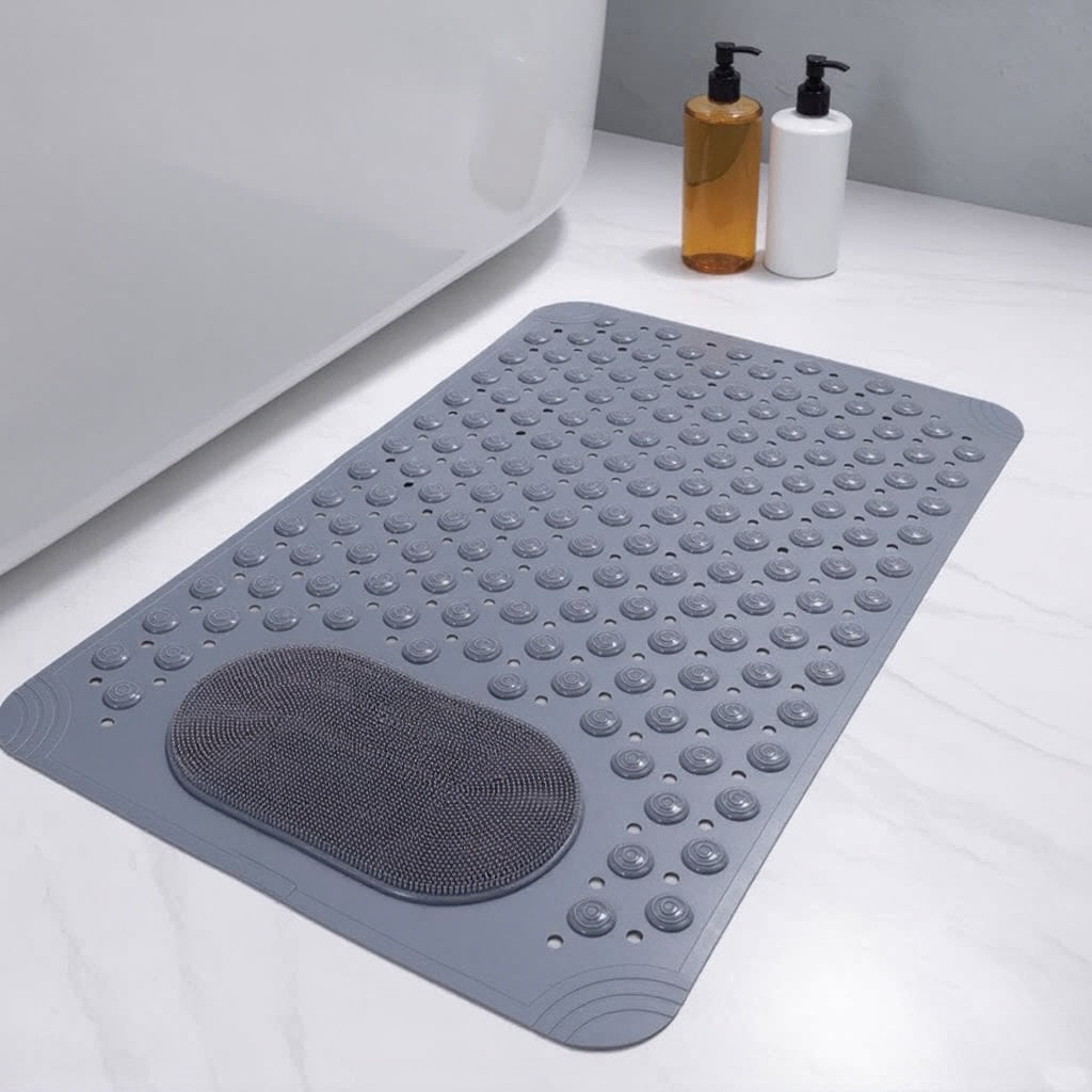 Non Slip Shower Mat with Foot Scrubber and Suction Cups for Safety and Hygiene in Durable Rubber