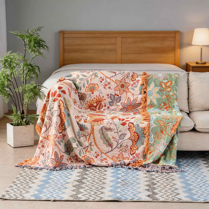 Bohemian Floral Throw Blanket Cotton Multi-Purpose Soft Cozy Machine Washable for Year-Round Comfort