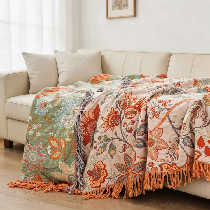 Bohemian Floral Throw Blanket Cotton Multi-Purpose Soft Cozy Machine Washable for Year-Round Comfort