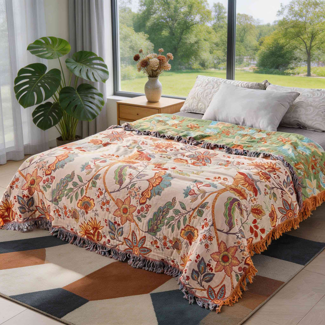 Bohemian Floral Throw Blanket Cotton Multi-Purpose Soft Cozy Machine Washable for Year-Round Comfort