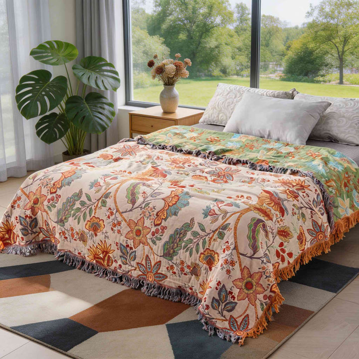 Bohemian Floral Throw Blanket Cotton Multi-Purpose Soft Cozy Machine Washable for Year-Round Comfort