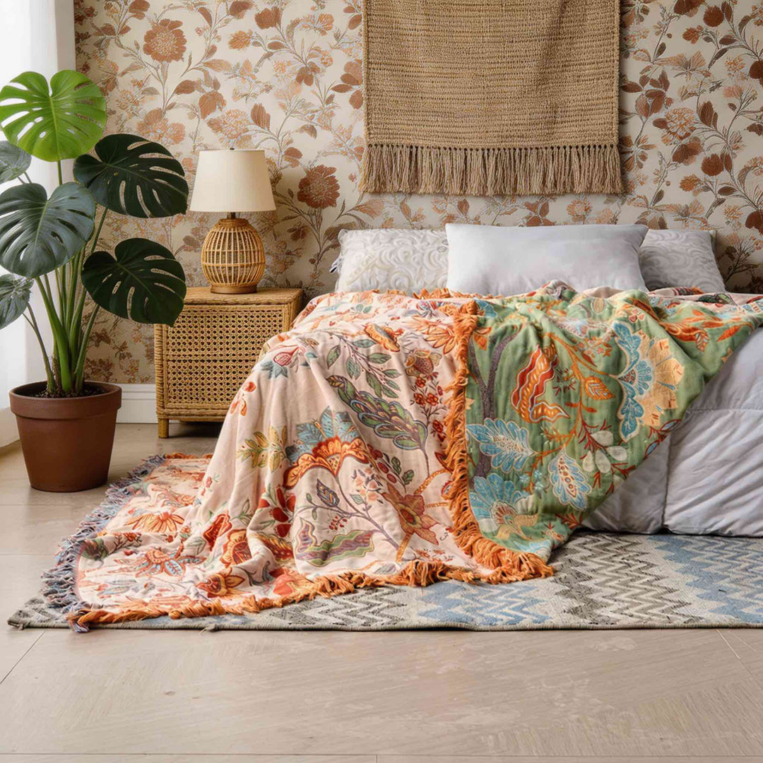 Bohemian Floral Throw Blanket Cotton Multi-Purpose Soft Cozy Machine Washable for Year-Round Comfort