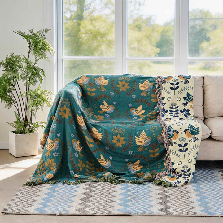 Reversible Throw Blanket Nordic Design 100% Cotton Floral Bird Pattern Cozy Warmth Machine Washable