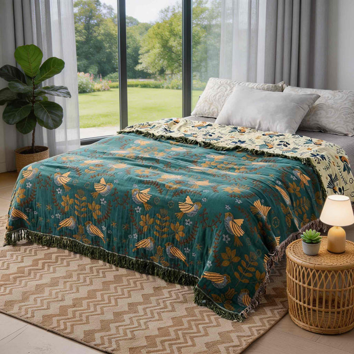 Reversible Throw Blanket Nordic Design 100% Cotton Floral Bird Pattern Cozy Warmth Machine Washable