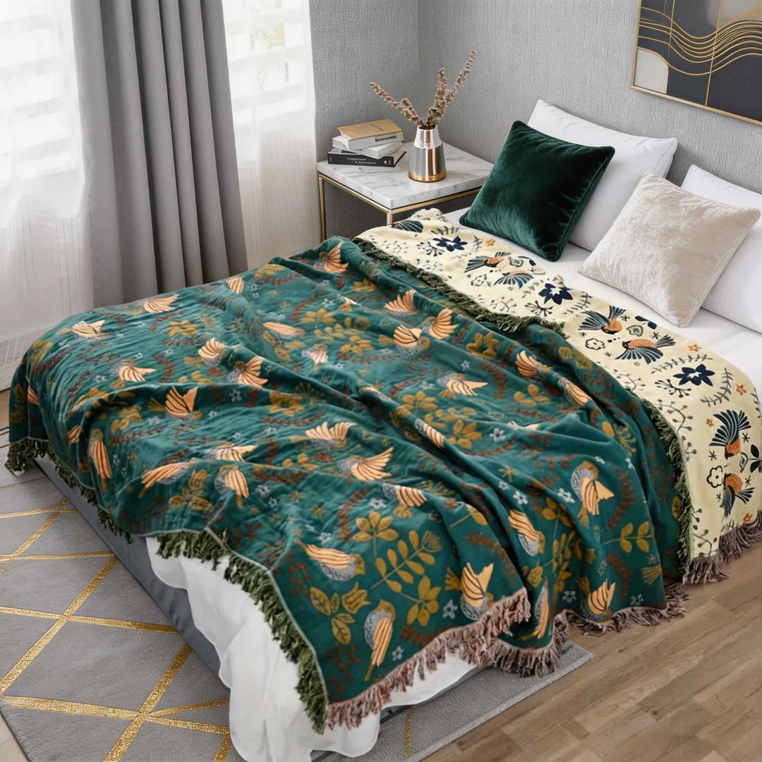 Reversible Throw Blanket Nordic Design 100% Cotton Floral Bird Pattern Cozy Warmth Machine Washable