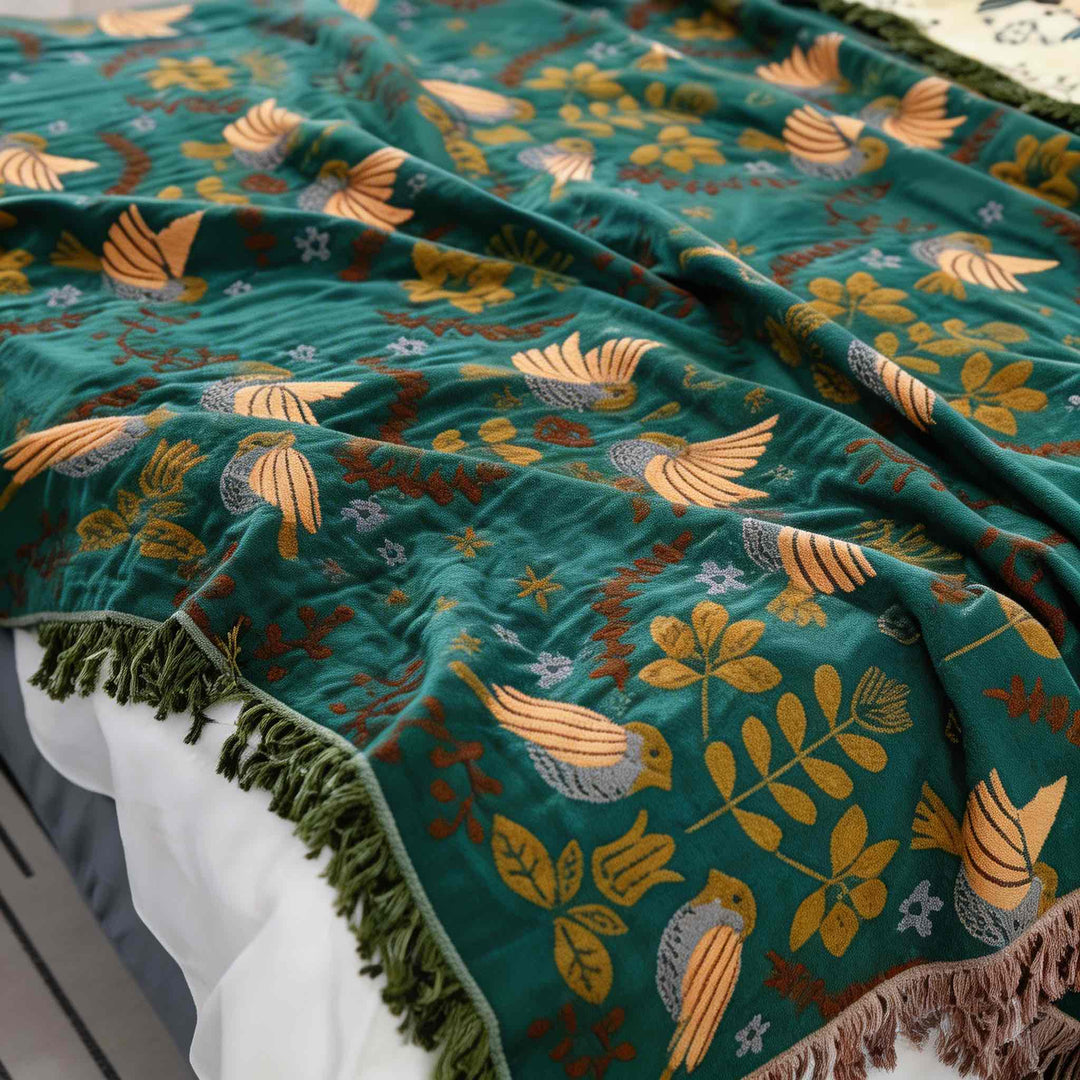 Reversible Throw Blanket Nordic Design 100% Cotton Floral Bird Pattern Cozy Warmth Machine Washable