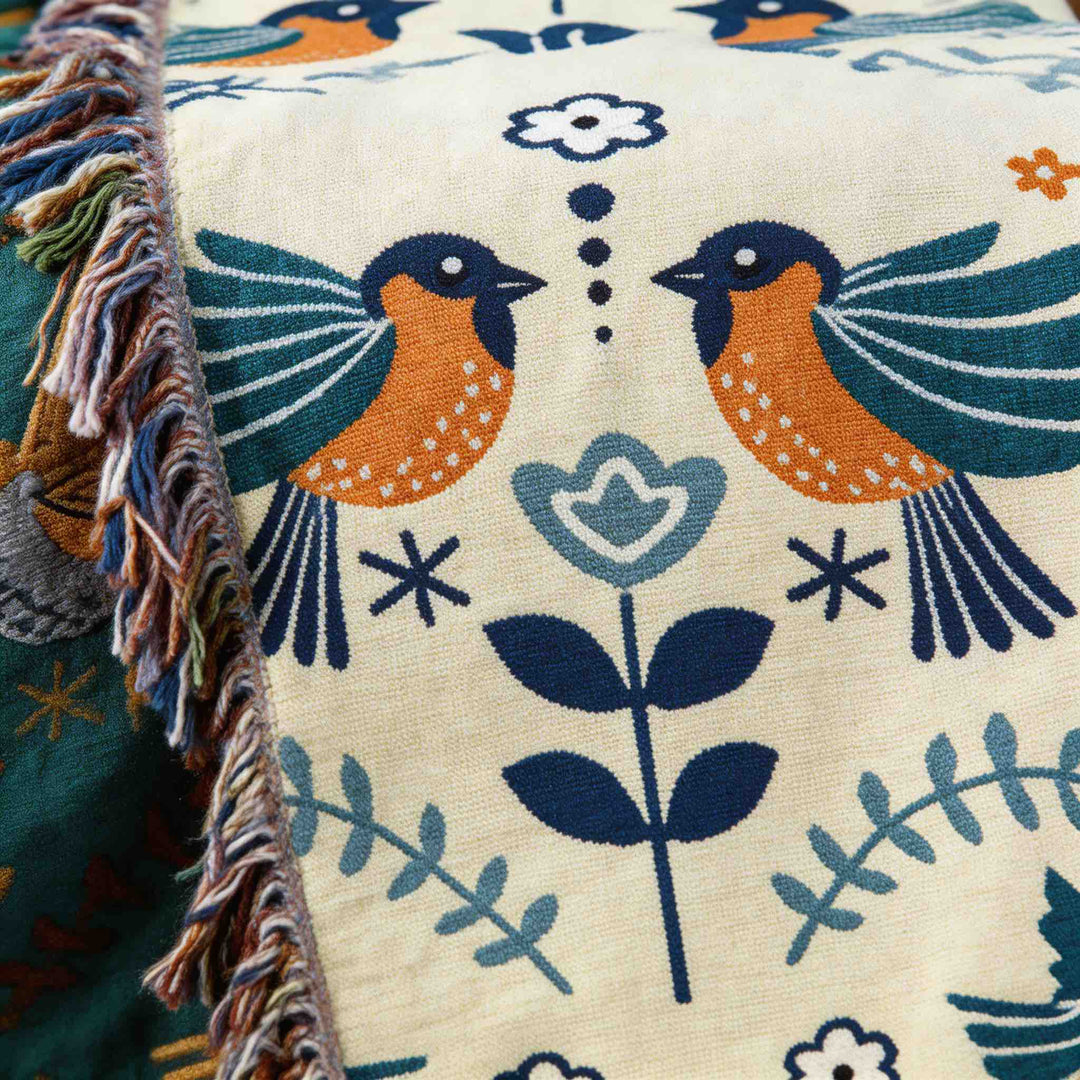 Reversible Throw Blanket Nordic Design 100% Cotton Floral Bird Pattern Cozy Warmth Machine Washable