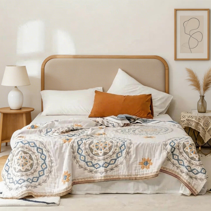 Bohemian Cotton Throw Blanket with Mandala Pattern Soft Breathable Multi-Purpose Home Decor