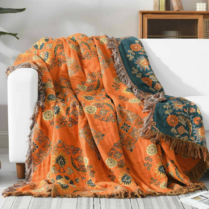 Vintage Floral Pattern Throw Blanket Reversible Lightweight 100% Cotton Soft Machine Washable