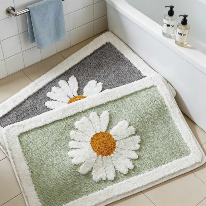 Contemporary Floral Bath Mat Plush Microfiber Non-Slip Rubber Backing Machine Washable for Bathroom and Shower