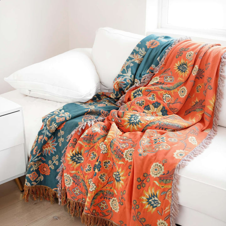 Vintage Floral Pattern Throw Blanket Reversible Lightweight 100% Cotton Soft Machine Washable