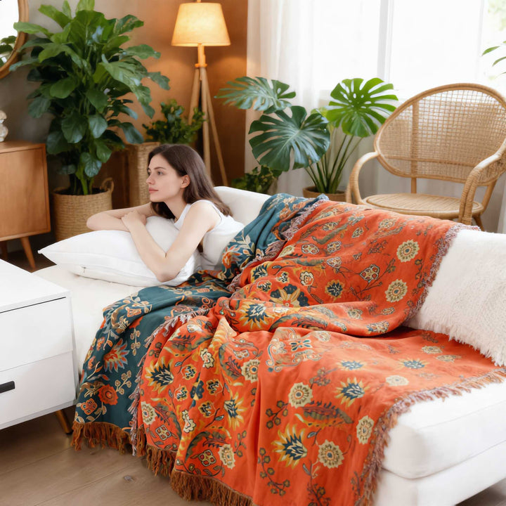 Vintage Floral Pattern Throw Blanket Reversible Lightweight 100% Cotton Soft Machine Washable