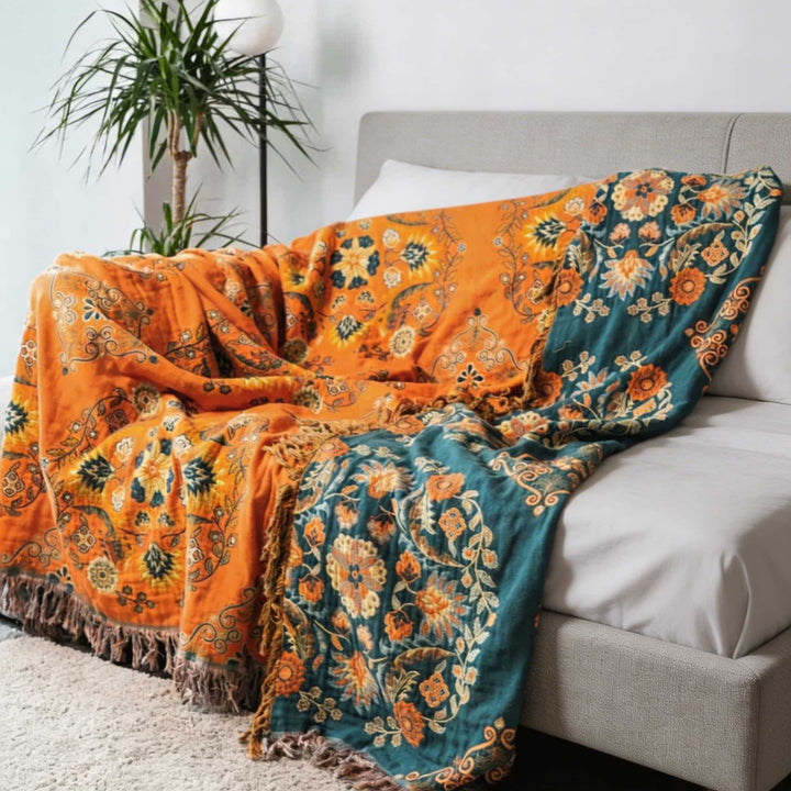 Vintage Floral Pattern Throw Blanket Reversible Lightweight 100% Cotton Soft Machine Washable