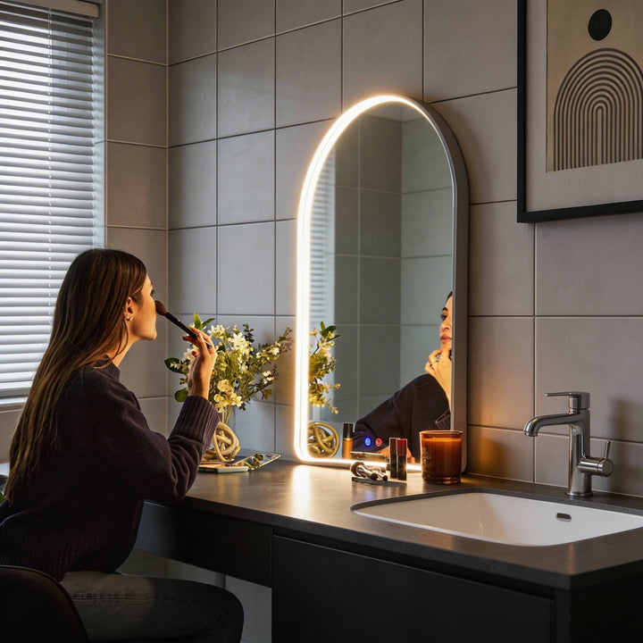 Arched LED vanity mirror backlit bathroom mirror illuminated makeup mirror modern wall mirror anti fog touch control
