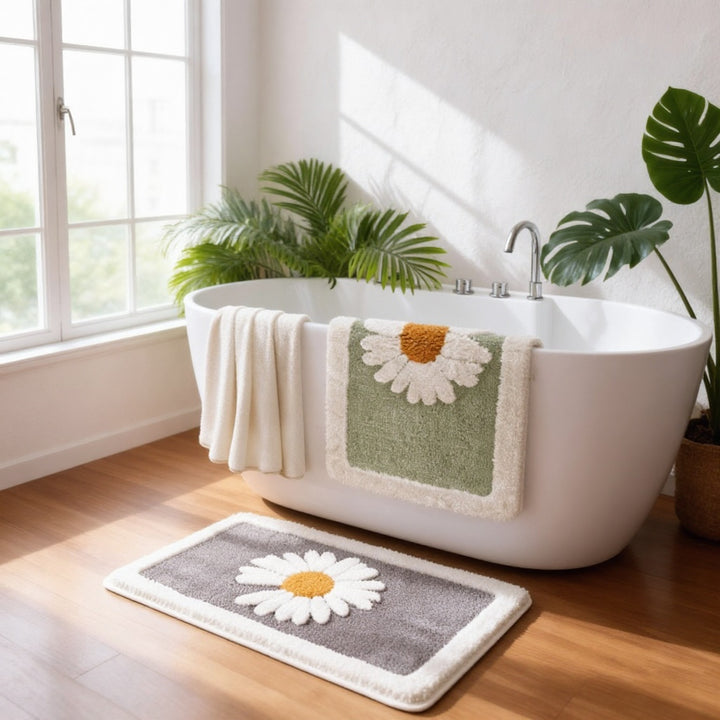 Contemporary Floral Bath Mat Plush Microfiber Non-Slip Rubber Backing Machine Washable for Bathroom and Shower