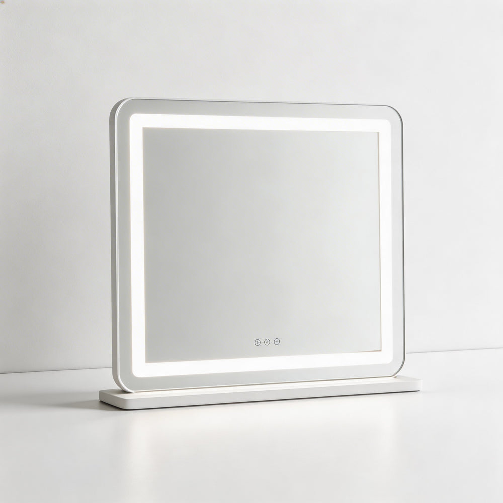 Frameless LED vanity mirror with soft backlit border modern makeup mirror with touch buttons minimalist white tabletop mirror
