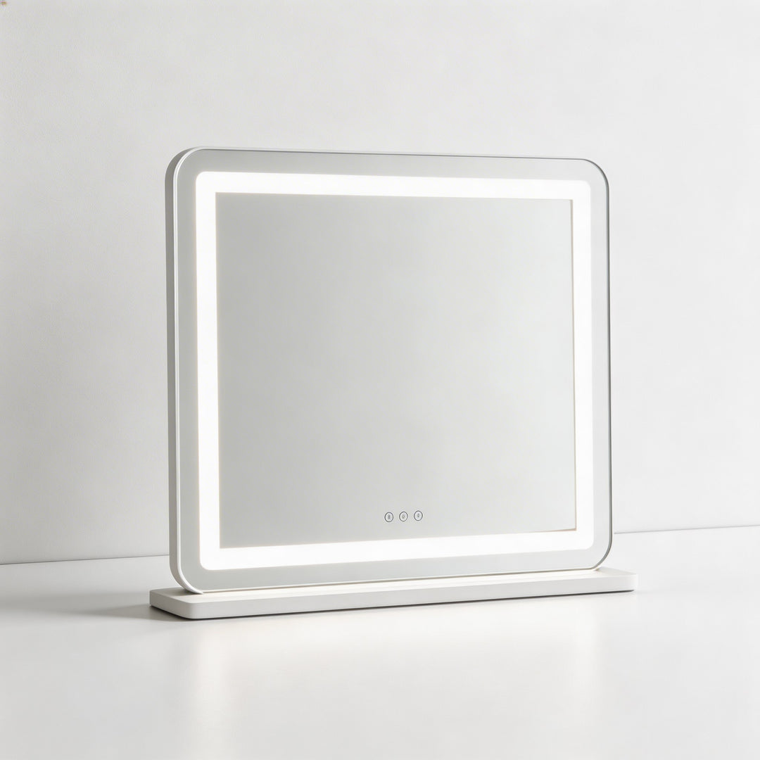 Frameless LED vanity mirror with soft backlit border modern makeup mirror with touch buttons minimalist white tabletop mirror
