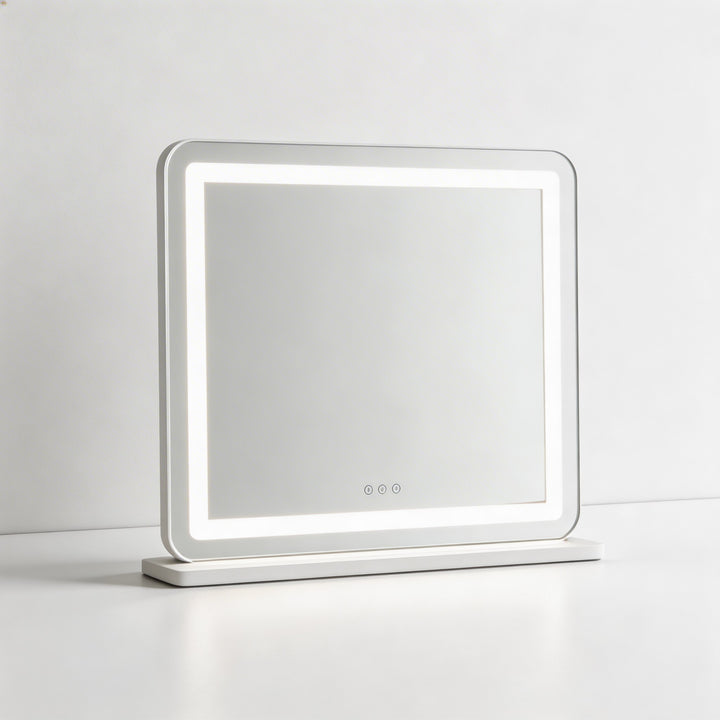 Frameless LED vanity mirror with soft backlit border modern makeup mirror with touch buttons minimalist white tabletop mirror
