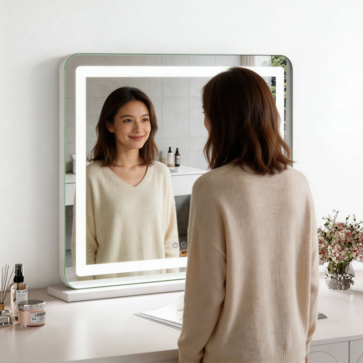 Modern LED vanity mirror with soft glow lighting touch controls perfect for daily makeup skincare routine minimalist bathroom setup
