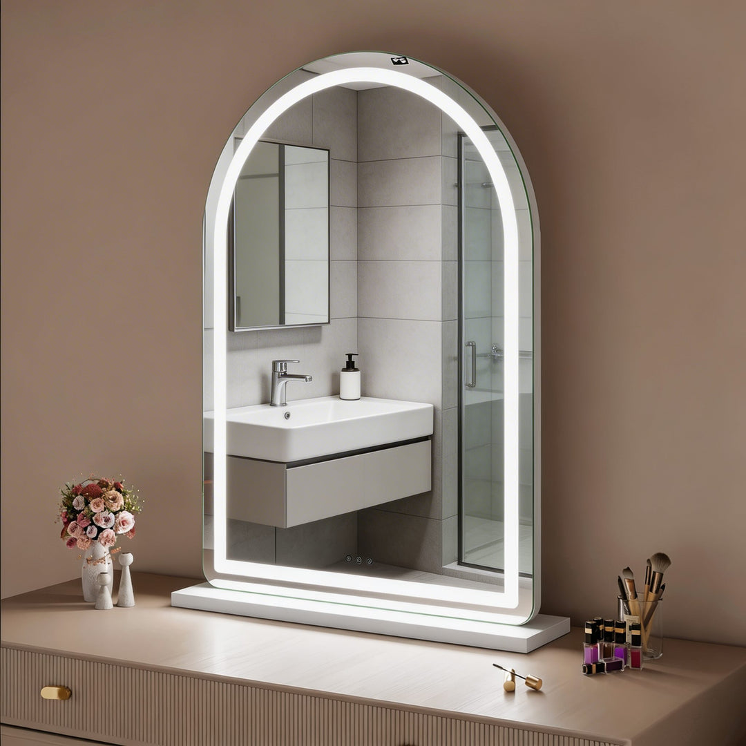Backlit arched bathroom mirror with LED lighting frameless vanity mirror modern illuminated washroom mirror with touch control
