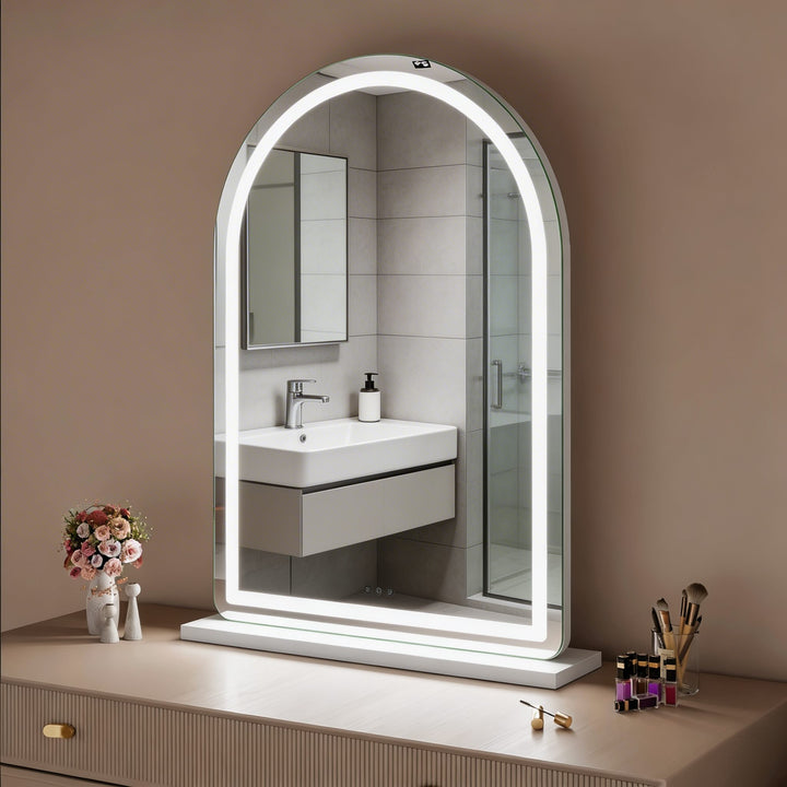 Backlit arched bathroom mirror with LED lighting frameless vanity mirror modern illuminated washroom mirror with touch control
