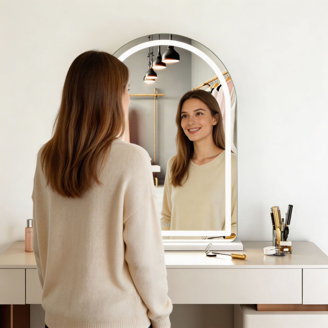 Arched LED makeup mirror with built in lighting modern vanity mirror with touch sensor illuminated dressing table mirror
