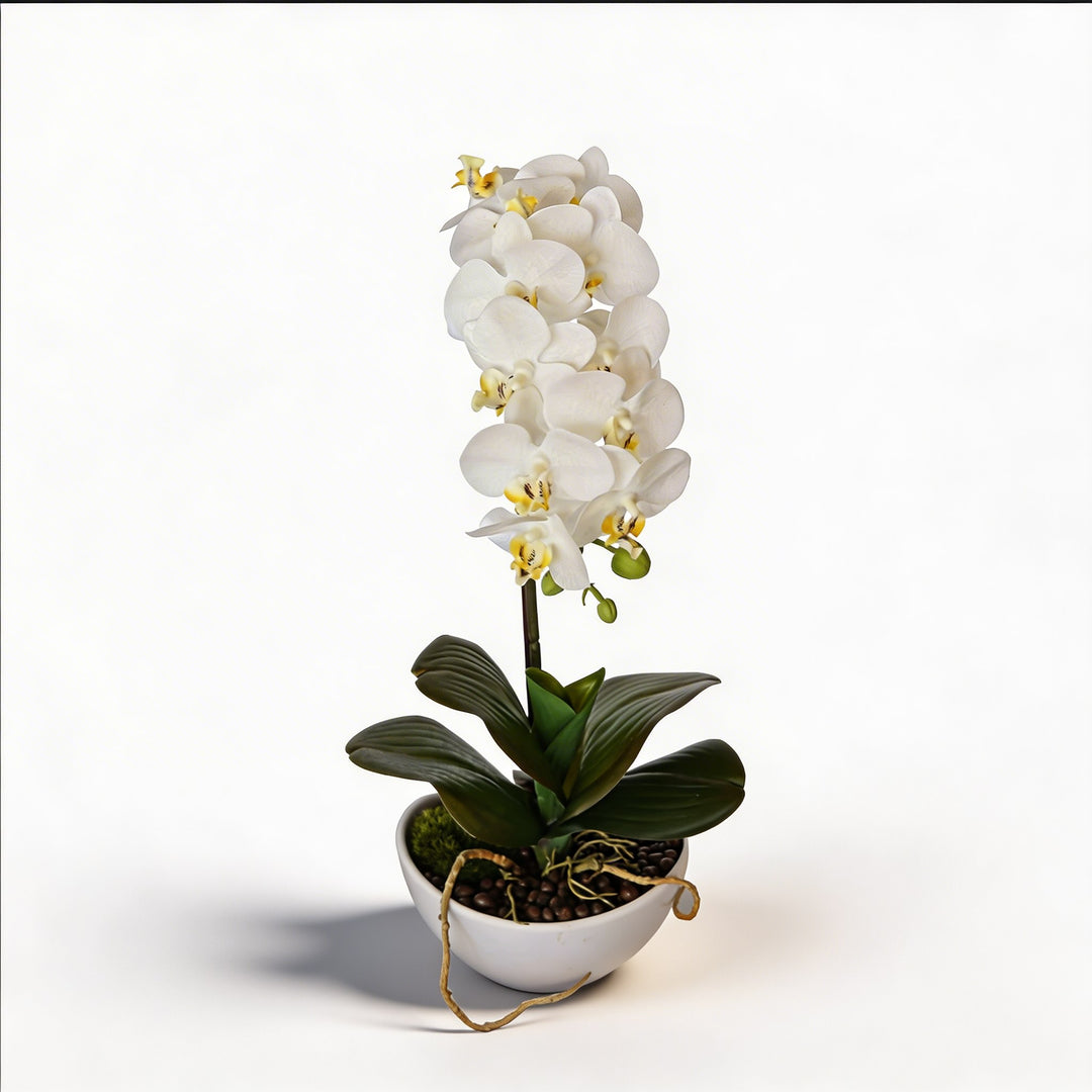 Artificial Potted Orchid Plant 18.1 in White Decorative Faux Flower for Home Office Decor