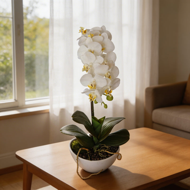 Artificial Potted Orchid Plant 18.1 in White Decorative Faux Flower for Home Office Decor