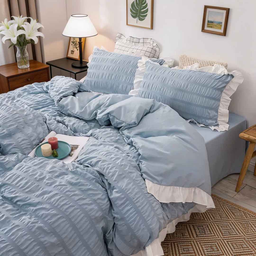 Modern Ribbed Bedding Set with Duvet Cover Flat Sheet and Pillow Cases for Comfortable Sleep