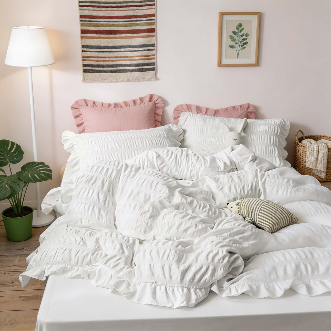 Modern Ribbed Bedding Set with Duvet Cover Flat Sheet and Pillow Cases for Comfortable Sleep