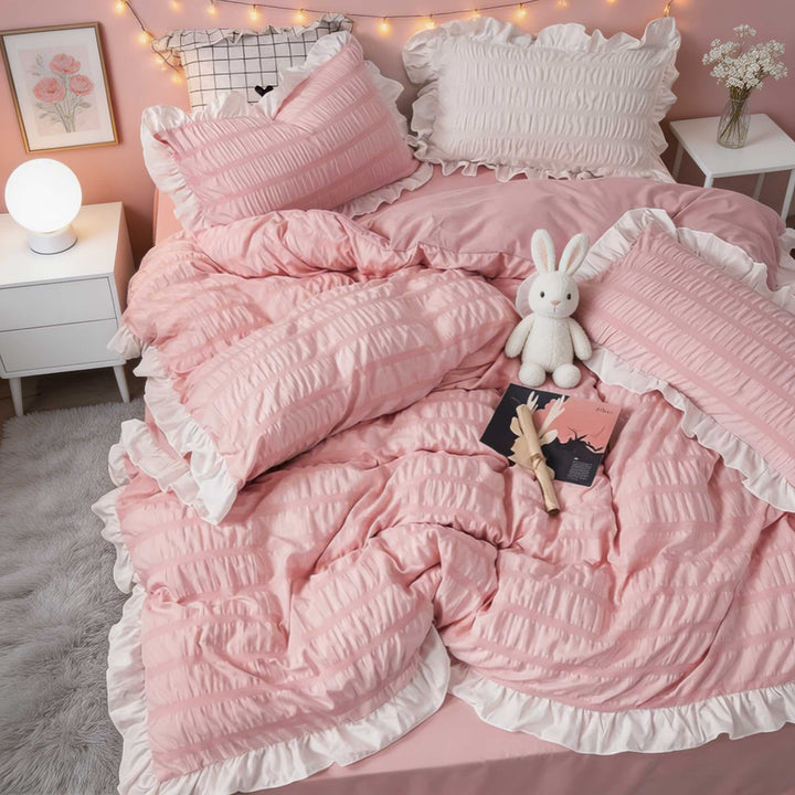 Modern Ribbed Bedding Set with Duvet Cover Flat Sheet and Pillow Cases for Comfortable Sleep
