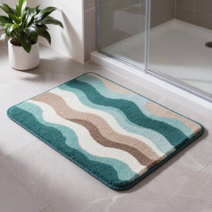 Modern Coastal Wave Pattern Bath Mat Non-Slip Soft Absorbent Flocking Material for Bathroom Safety