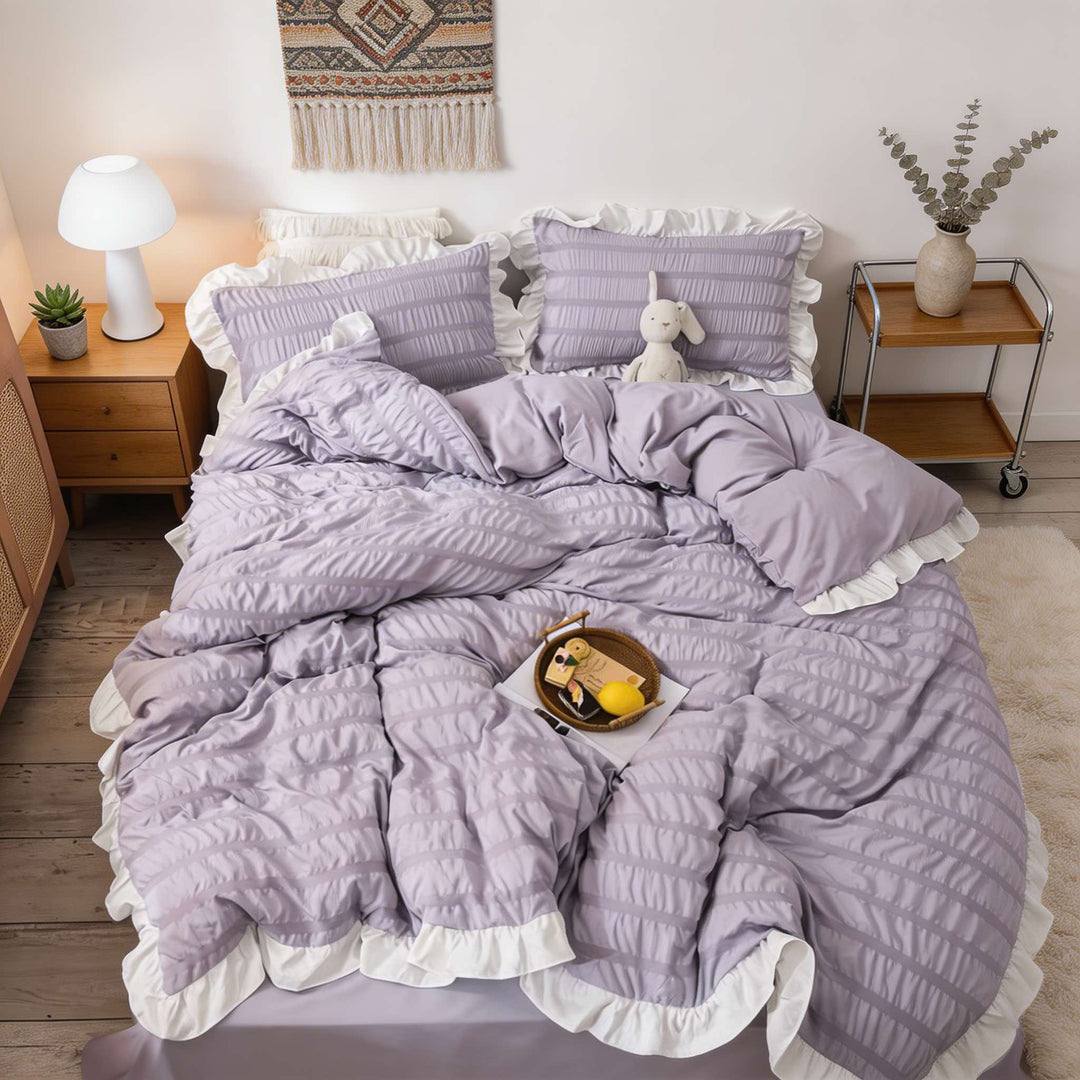 Modern Ribbed Bedding Set with Duvet Cover Flat Sheet and Pillow Cases for Comfortable Sleep