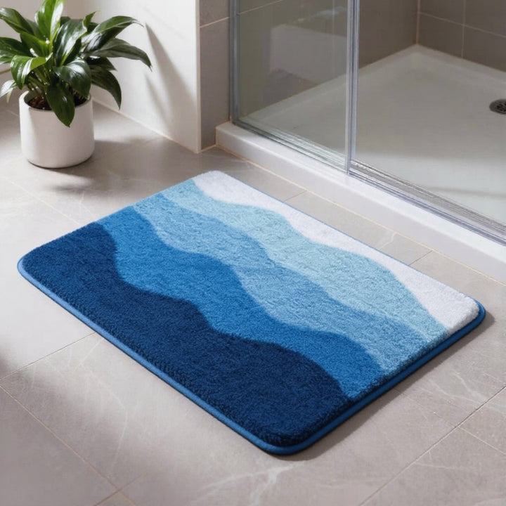 Modern Coastal Wave Pattern Bath Mat Non-Slip Soft Absorbent Flocking Material for Bathroom Safety