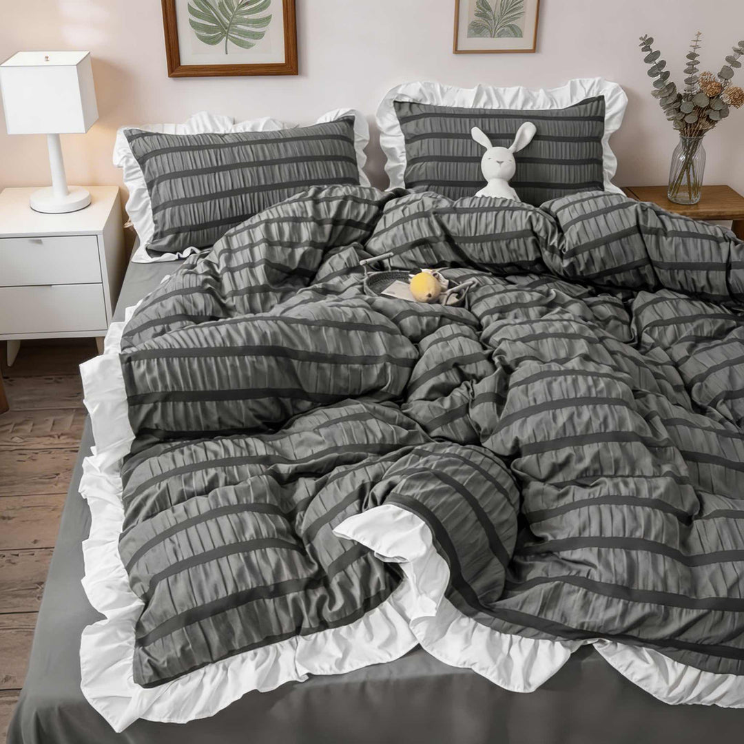 Modern Ribbed Bedding Set with Duvet Cover Flat Sheet and Pillow Cases for Comfortable Sleep