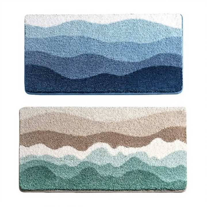Modern Coastal Wave Pattern Bath Mat Non-Slip Soft Absorbent Flocking Material for Bathroom Safety