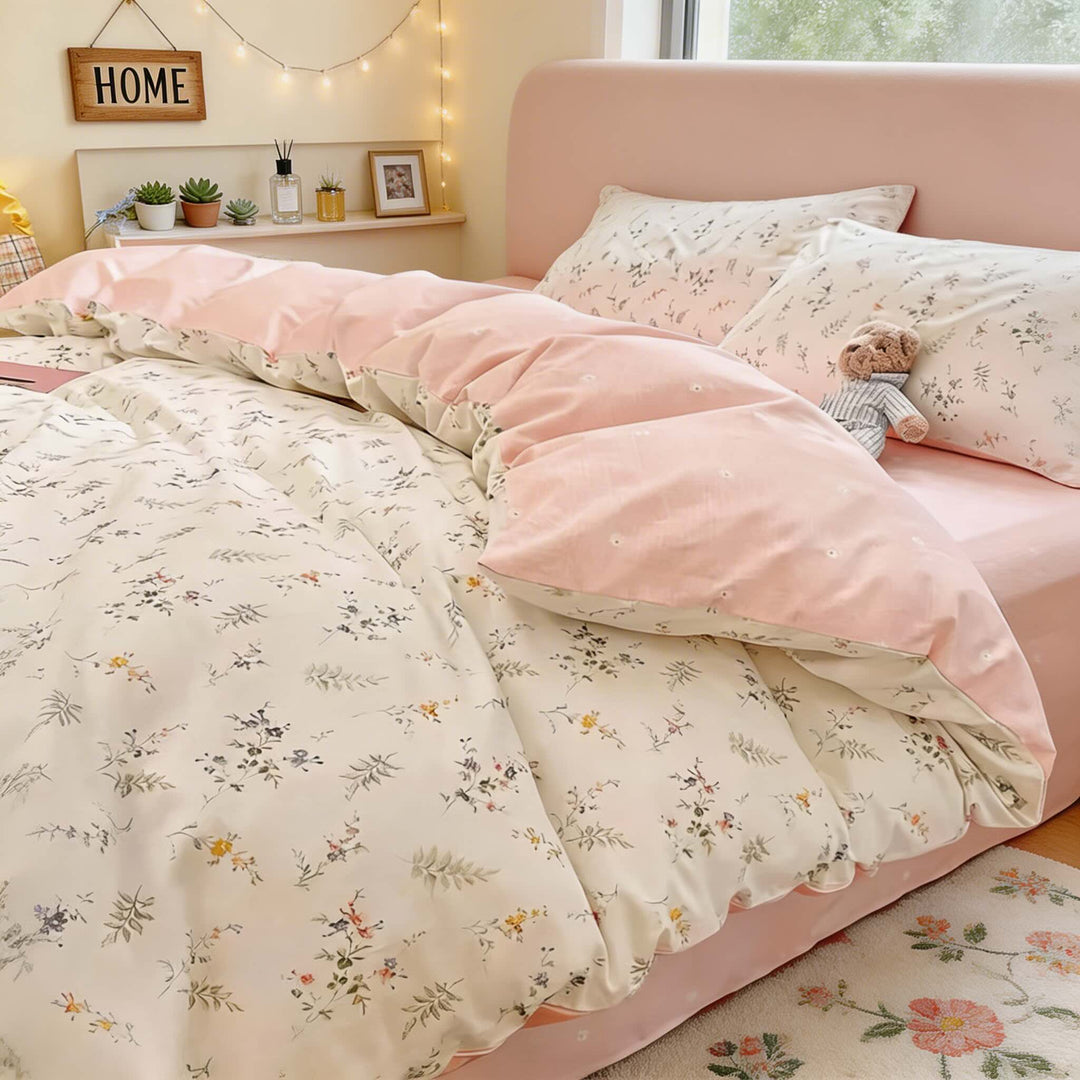 Floral Print Bedding Set Polyester Duvet Cover Flat Sheet Pillow Cases Soft Fabric Multiple Sizes