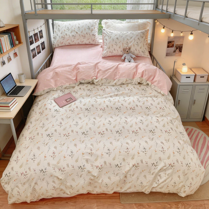 Floral Print Bedding Set Polyester Duvet Cover Flat Sheet Pillow Cases Soft Fabric Multiple Sizes