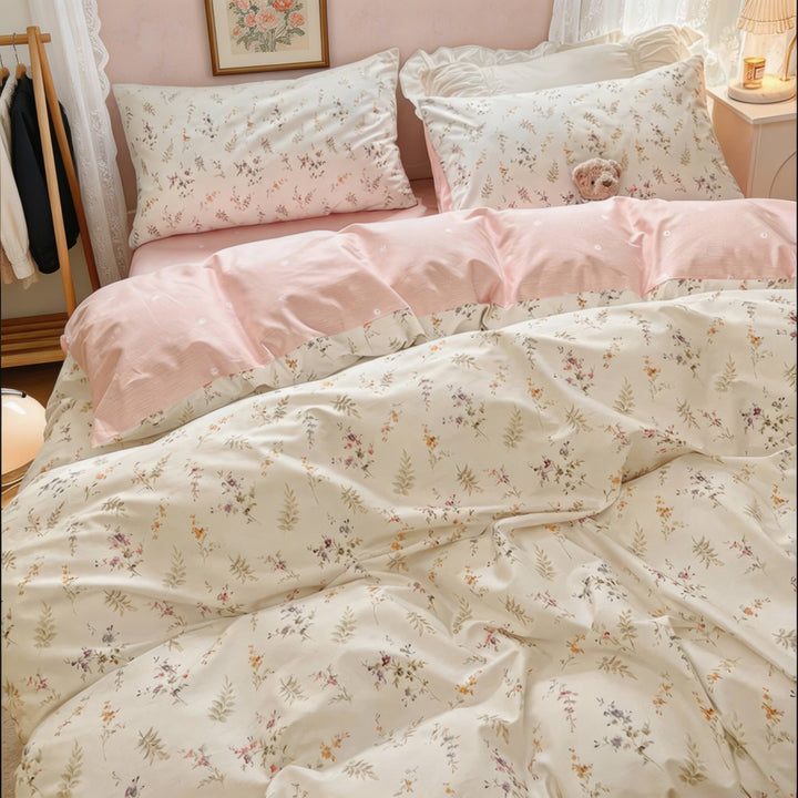 Floral Print Bedding Set Polyester Duvet Cover Flat Sheet Pillow Cases Soft Fabric Multiple Sizes