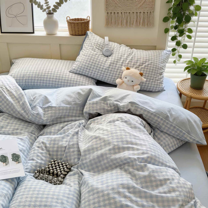 Pastel Plaid Bedding Set Double-Sided Lightweight Polyester Cotton Blend for Year-Round Comfort