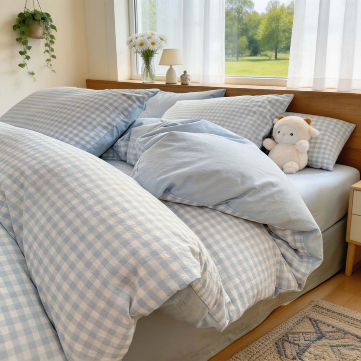 Pastel Plaid Bedding Set Double-Sided Lightweight Polyester Cotton Blend for Year-Round Comfort