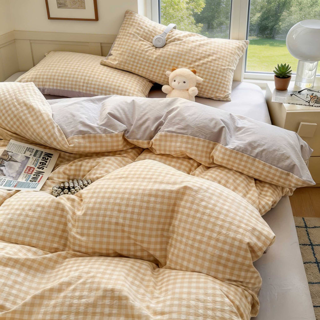 Pastel Plaid Bedding Set Double-Sided Lightweight Polyester Cotton Blend for Year-Round Comfort