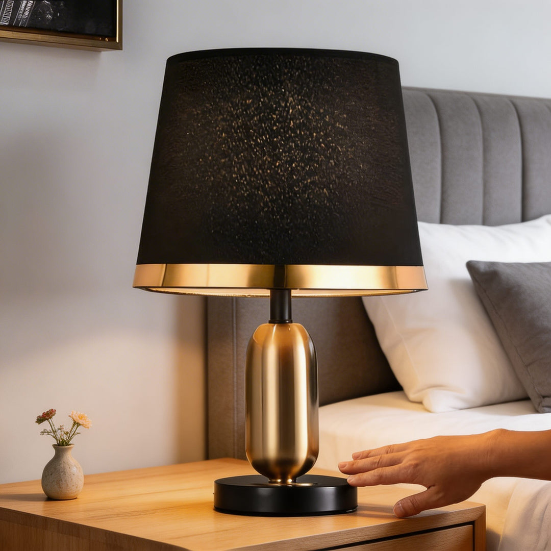 Mid-Century Modern Brass Table Lamp with Fabric Shade Touch Control LED Adjustable for Bedside or Desk Use