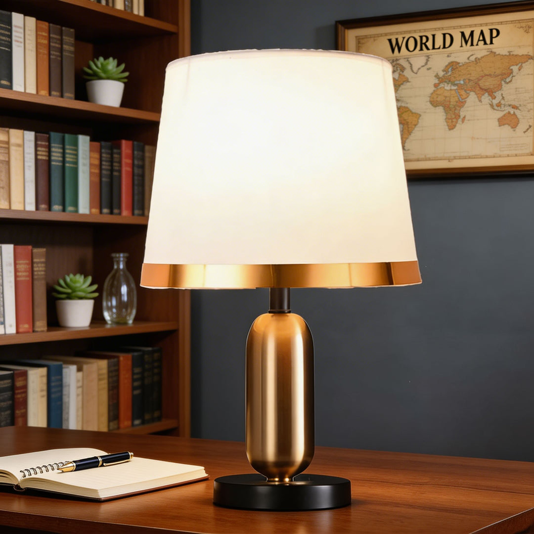 Mid-Century Modern Brass Table Lamp with Fabric Shade Touch Control LED Adjustable for Bedside or Desk Use