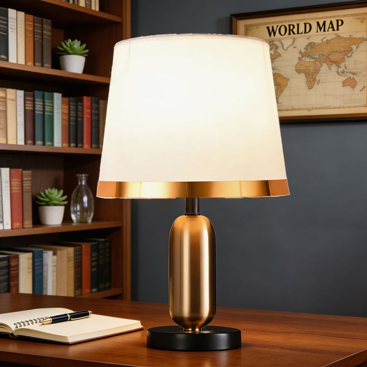 Mid-Century Modern Brass Table Lamp with Fabric Shade Touch Control LED Adjustable for Bedside or Desk Use