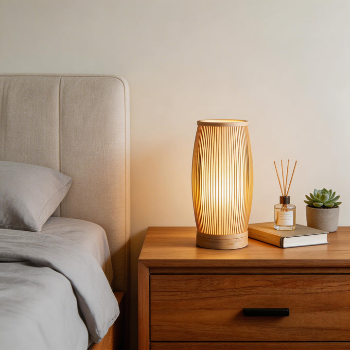Japanese Style Bamboo Table Lamp Handwoven Lantern Design LED Dimmable Light Source